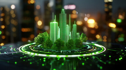 Poster - futuristic cityscape with green buildings and trees, symbolizing sustainability and technology. vibrant lights create dynamic atmosphere, showcasing vision for greener future