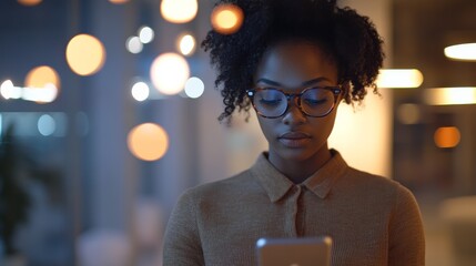 Aufkleber - Focused businesswoman using mobile phone in a modern office at night, illuminated by warm lights, concentrating on her work and online communication