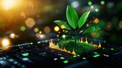Poster - digital representation of green economy featuring plant growing from data landscape, symbolizing sustainability and innovation in technology