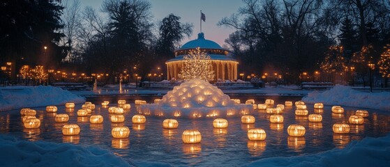 Poster - Enchanting Winter Festival in a Lantern-Lit Park with Ice Sculpture and Scenic Landscape