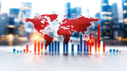 Fototapete - digital world map showcasing economic indicators with vibrant bar graphs. This represents global data trends and financial analysis in modern city backdrop