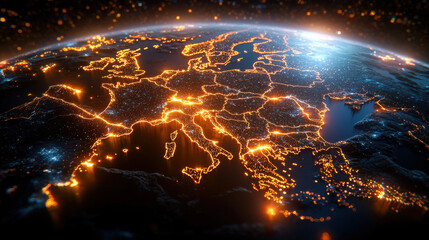 Poster - digital world map highlighting economic trends with glowing city lights across Europe, showcasing interconnectedness and growth