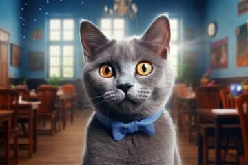 Sticker - Portrait of a cute russian blue cat on lively classroom background