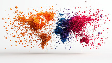 Aufkleber - Colorful abstract world map made of vibrant spheres representing global diversity and innovation. design features orange, blue, and pink hues against white background