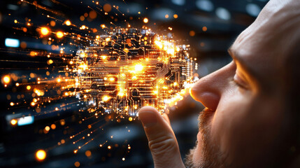 Fototapete - Intelligent man contemplating glowing circuit brain, symbolizing technology and innovation. image captures essence of creativity and futuristic thinking