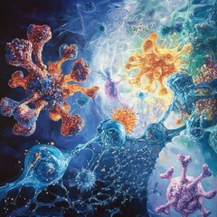 Aufkleber - Antibodies actively engaging and neutralizing viruses in a vibrant microscopic environment. Generative AI