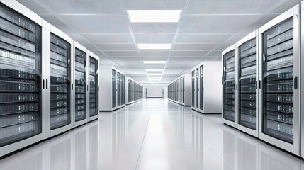 Poster - Sleek Modern Data Center Interior with Network Servers in Action