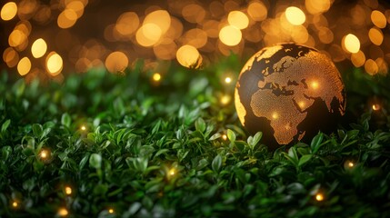 Sticker - Globe on greenery with warm lights background.