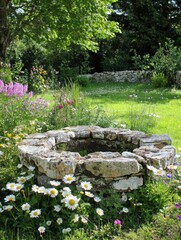 Aufkleber - Old stone well surrounded by colorful wildflowers and lush greenery in a tranquil garden setting during daylight. Generative AI