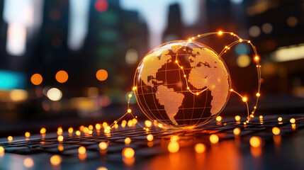Poster - dynamic image of global trade trends featuring glowing globe surrounded by lights, symbolizing connectivity and supply chain networks