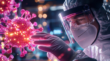 Poster - scientist in protective gear examines glowing virus model, showcasing pandemic research. image captures intensity and dedication of scientific exploration during health crises