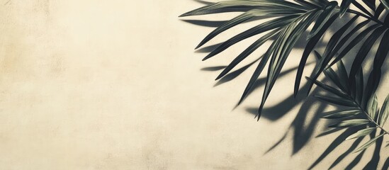 Poster - Black circle glass frame casting palm leaf shadows on translucent paper for vintage interior decoration with empty copyspace for text