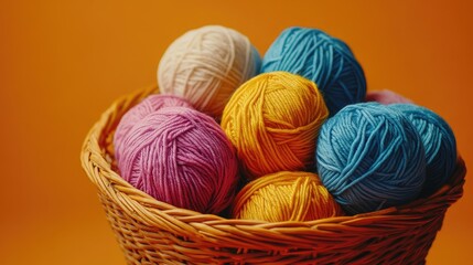 Poster - Colorful balls of wool yarn in a woven basket against a vibrant orange background showcasing texture and craft supplies for creative projects