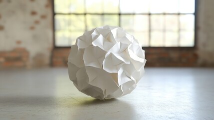 Poster - Crumpled white paper ball on a rustic floor with large windows in a bright interior space