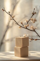 Poster - Minimalist Still Life with Wooden Blocks and Blossom Branch