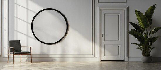 Poster - Black circular frame mockup on a bright wall next to a door with ample copyspace for text and modern interior decor elements