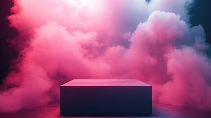 Poster - Minimalist stage with glowing pink clouds for product display showcasing an abstract and creative conceptual environment for presentations