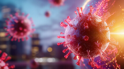 Poster - vibrant visualization of virus, showcasing its structure and spikes, representing global health challenges. background features blurred cityscape, enhancing dramatic effect