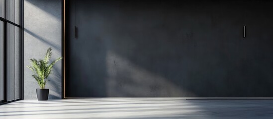 Fototapete - Modern interior showcasing abstract dark grey concrete wall with natural light and plant, ideal for minimalist design or advertising space.