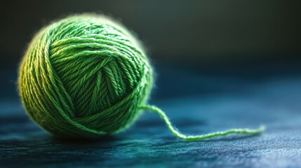 Poster - Green yarn ball with a loose strand on a textured surface creating a serene and artistic composition for crafting themes.