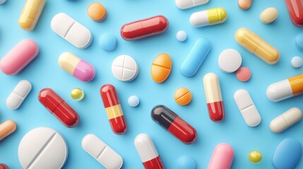 Poster - Vibrant array of pills and capsules in various shapes, sizes, and colors are scattered across a light blue surface, symbolizing the diverse world of pharmaceuticals and healthcare