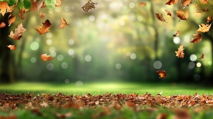 Poster - Bokeh landscape with autumn leaves drifting on blurred green background creating an abstract art effect in nature setting