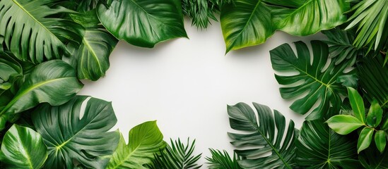 Poster - Aerial view of lush green tropical leaves framing empty space for text ideal for nature themed designs and advertisements