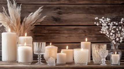 Poster - Elegant display of lit candles and glassware on a rustic wooden table surrounded by dried floral decorations. Perfect for cozy ambiance.