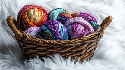 Poster - Colorful chunky merino wool yarn balls in a rustic basket on a soft white fur background showcasing cozy knitting vibes
