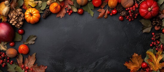 Poster - Autumn Harvest Border with Colorful Seasonal Decor and Copy Space for Text on Dark Background