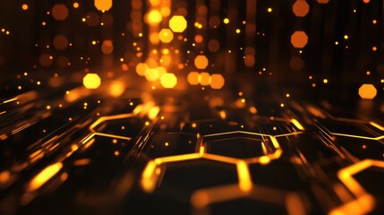 Fototapete - Glowing hexagonal neon lights in a dark abstract space tunnel with a shimmering background and dynamic light effects.