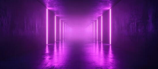 Poster - Abstract neon-lit tunnel with smoky ambiance and purple hues featuring empty space for text and creative design possibilities