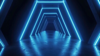 Poster - Futuristic Hexagonal Tunnel with Glowing Blue Lights and Reflections in a Dark Environment