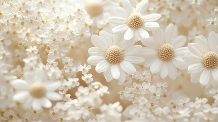 Poster - Delicate white floral background with coneflower blossoms and soft garden details creating a serene botanical texture for design use