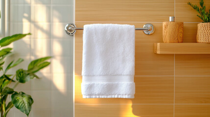 Poster - fluffy white towel hanging on chrome rack in modern bathroom, surrounded by natural elements like plants and wooden decor, creating serene atmosphere