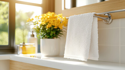 Aufkleber - fluffy towel hanging on hook in modern bathroom with natural light, surrounded by vibrant flower arrangement and decorative items, creating serene atmosphere