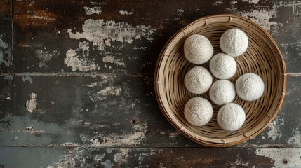 Poster - Wool balls arranged in a bamboo dish on a rustic wooden table showcasing craftsmanship and natural textures in home decor.