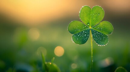 Wall Mural - Dew Drops Adorn A Single Shamrock Leaf In Sunlight