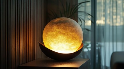 Poster - Elegant spherical lamp casting warm light in a modern interior setting with a minimalist design aesthetic and natural elements.