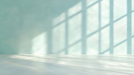 Aufkleber - Sunlight is streaming through window and creating shadows on turquoise wall in empty room with white floor