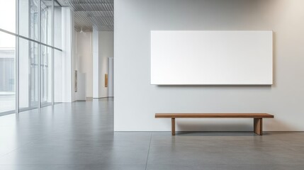 Poster - Modern Art Gallery Interior with Blank Exhibition Wall and Minimalist Bench in Bright, Spacious, and Open Architectural Environment