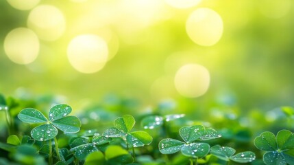 Wall Mural - Dewdrops on lush green clover leaves bathed in sunlight