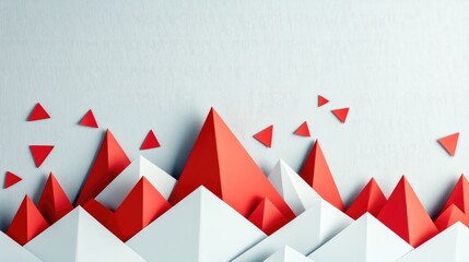 Poster - Aerial Perspective of Red Triangular Paper Mountains Against a Soft Light Background