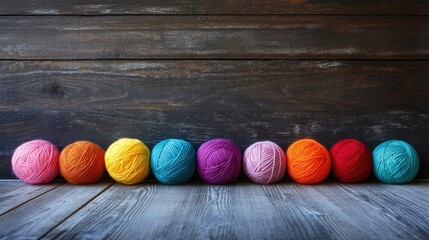 Poster - Colorful balls of wool arranged in a row on rustic wooden background perfect for crafting or textile design concepts