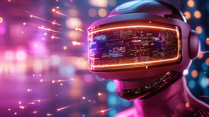 Poster - futuristic AI assistant with glowing visor, surrounded by vibrant city lights, showcases advanced technology and innovation. scene evokes sense of wonder and possibility