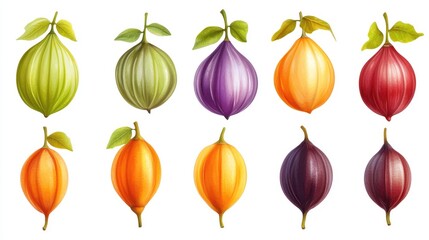 Poster - Illustration of colorful balloon vine fruits and seeds with leaves isolated on a white background showcasing their unique shapes and colors