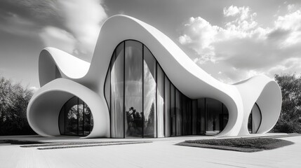 Poster - Stunning contemporary architecture in black and white featuring flowing organic shapes and large glass windows surrounded by greenery