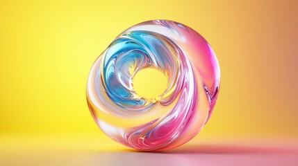 Poster - Abstract 3D Render of Curly Circle Design in Glass Material with Gradient Pink and Blue on Yellow Background