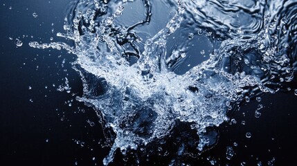 Poster - Aerial view of water splash creating dynamic patterns on black background with space for text or design elements