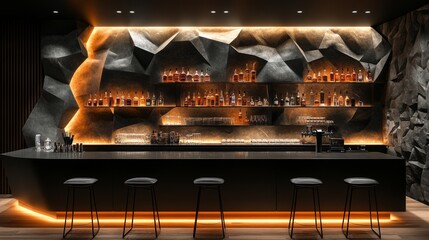 Aufkleber - A contemporary bar showcases a sleek design with an illuminated back wall highlighting various bottles of whiskey and cocktails. Stylish stools line the counter, creating an inviting atmosphere.